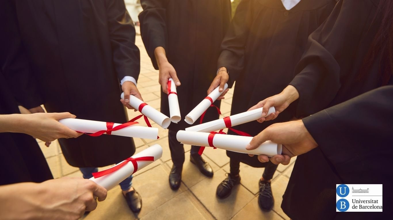A celebratory moment with graduates in black robes holding diplomas tied with red ribbons, symbolizing their academic achievement, with the University of Barcelona subtly indicated in the background.