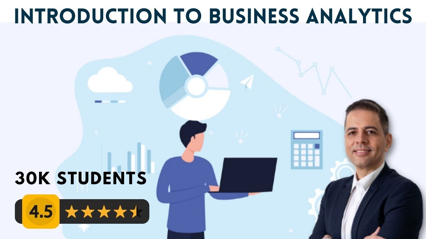 A promotional image for a business analytics course, highlighting key elements like a laptop, graphical icons, and the course’s impressive rating and enrollment numbers.