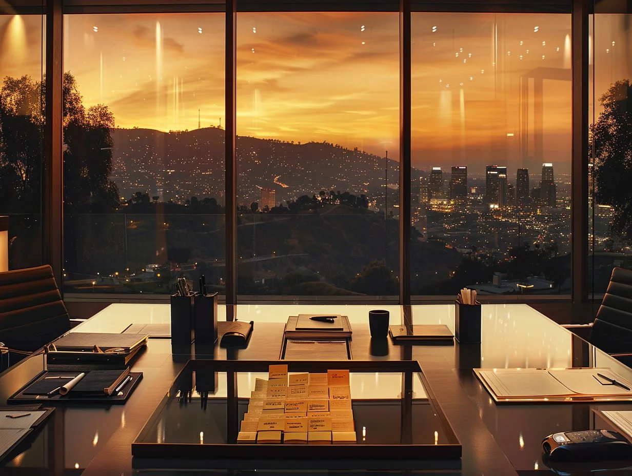 Twilight Hollywood skyline through office glass with appraisal papers arranged for a neutral divorce valuation