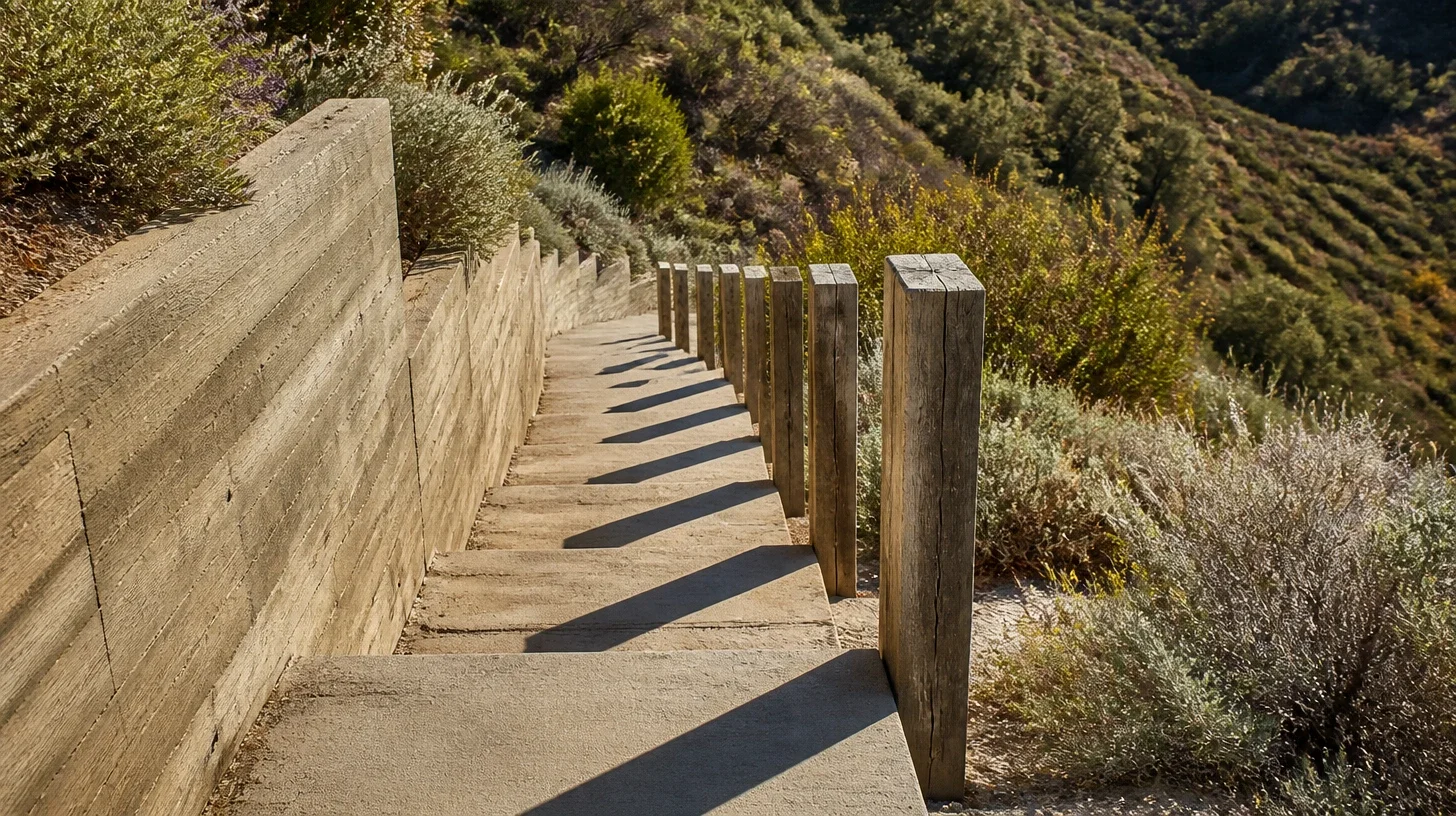 A run of steps and weathered timber posts stepping down a Malibu slope beside a board-formed concrete retaining wall, hard sun at forty five degrees throwing a repeating rhythm of shadow bars across the treads