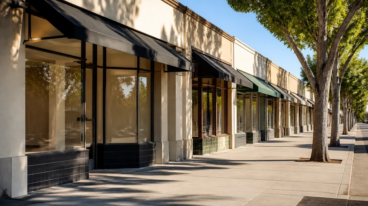 The footway alongside continuous Studio City commercial frontage, paving joints in the near ground and mature street trees standing in the footway itself