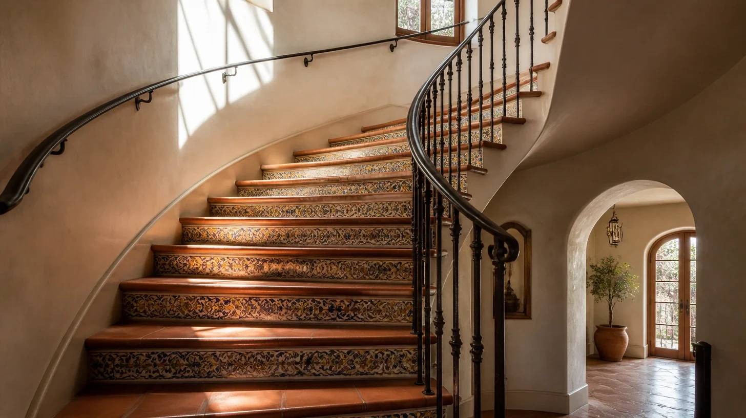 A sweeping tiled stair in a Calabasas home seen along its curve, hand-painted risers repeating beneath a wrought iron rail with light falling down the flight