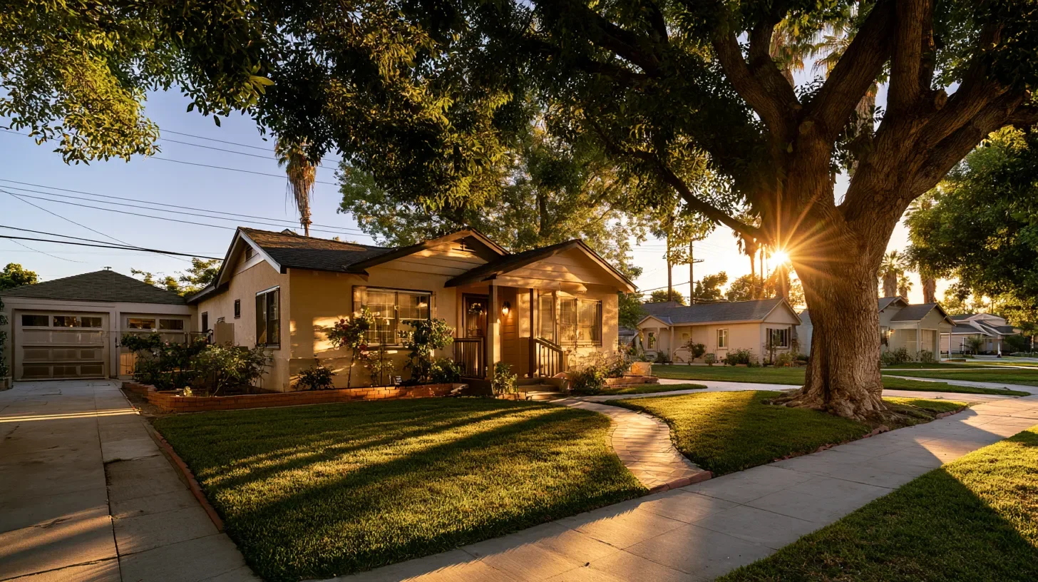Single-storey North Hollywood house on a level lot with a detached garage alongside it, seen from the sidewalk in late-afternoon light.