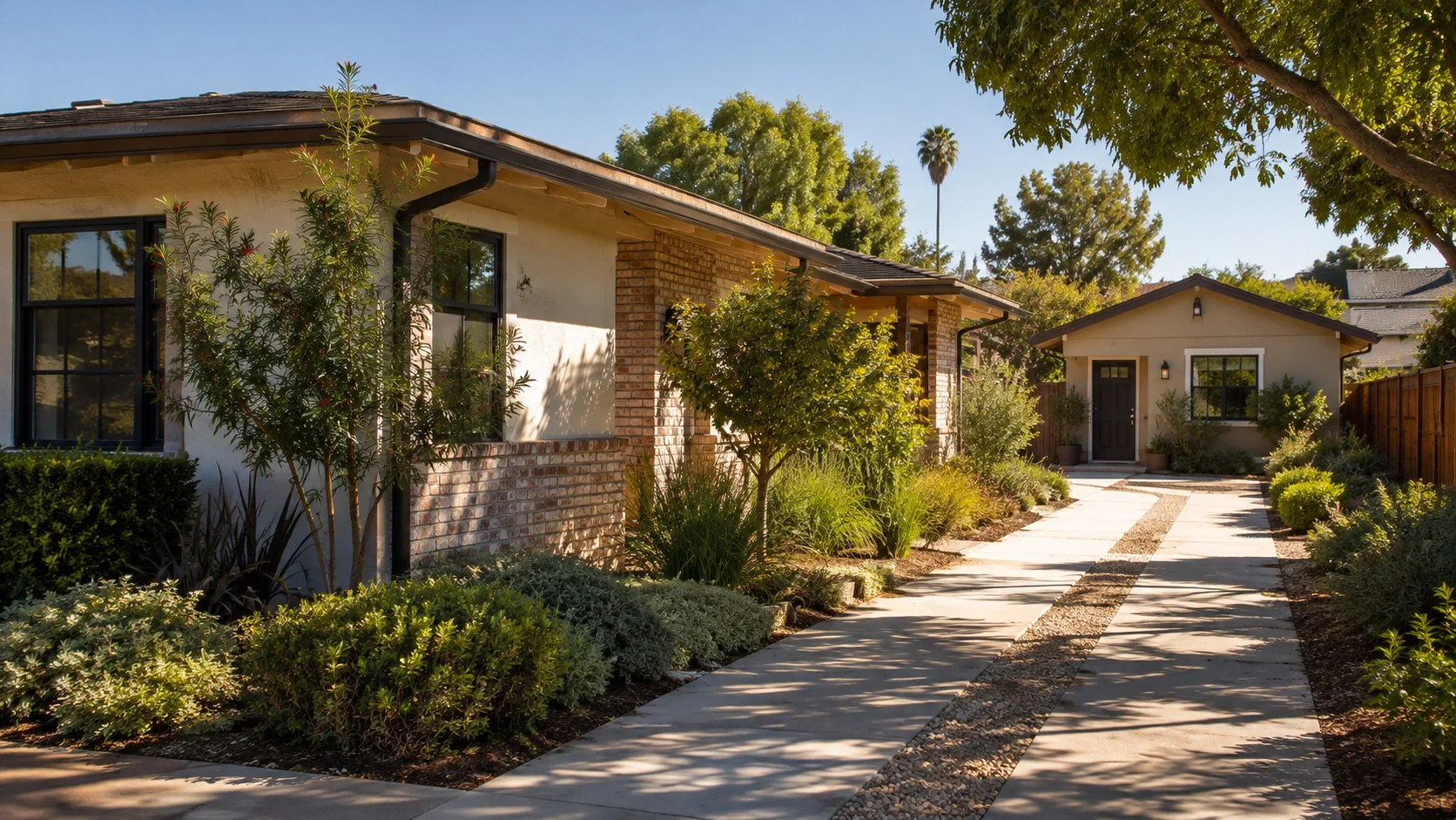 A single-storey stucco home beside a ribbon driveway with a gravel centre strip, leading back to a separate accessory building with its own door and window.