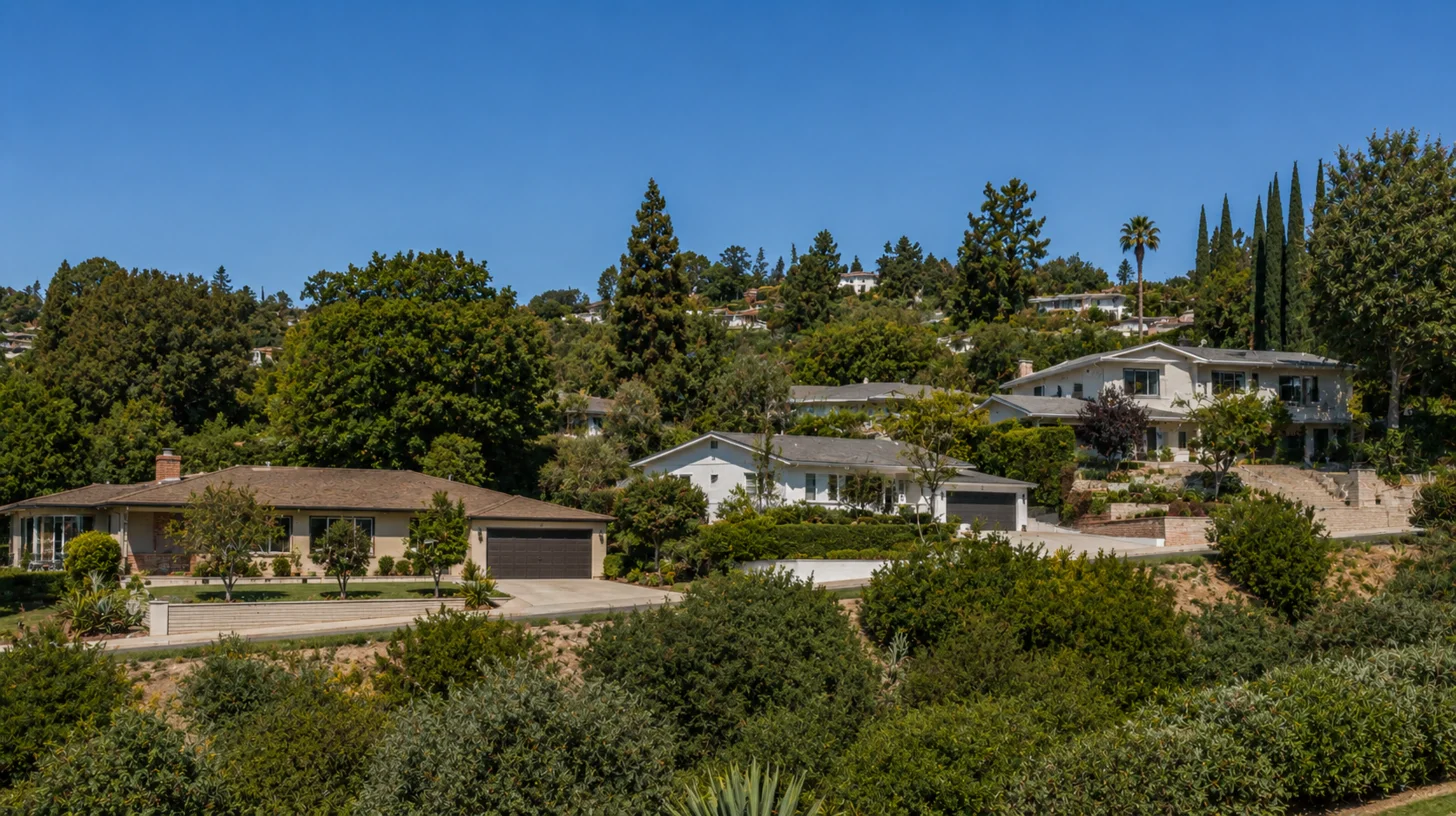 A long view across an established Encino residential area showing level parcels, gently rising ground and larger properties interleaved beneath mature tree canopy.
