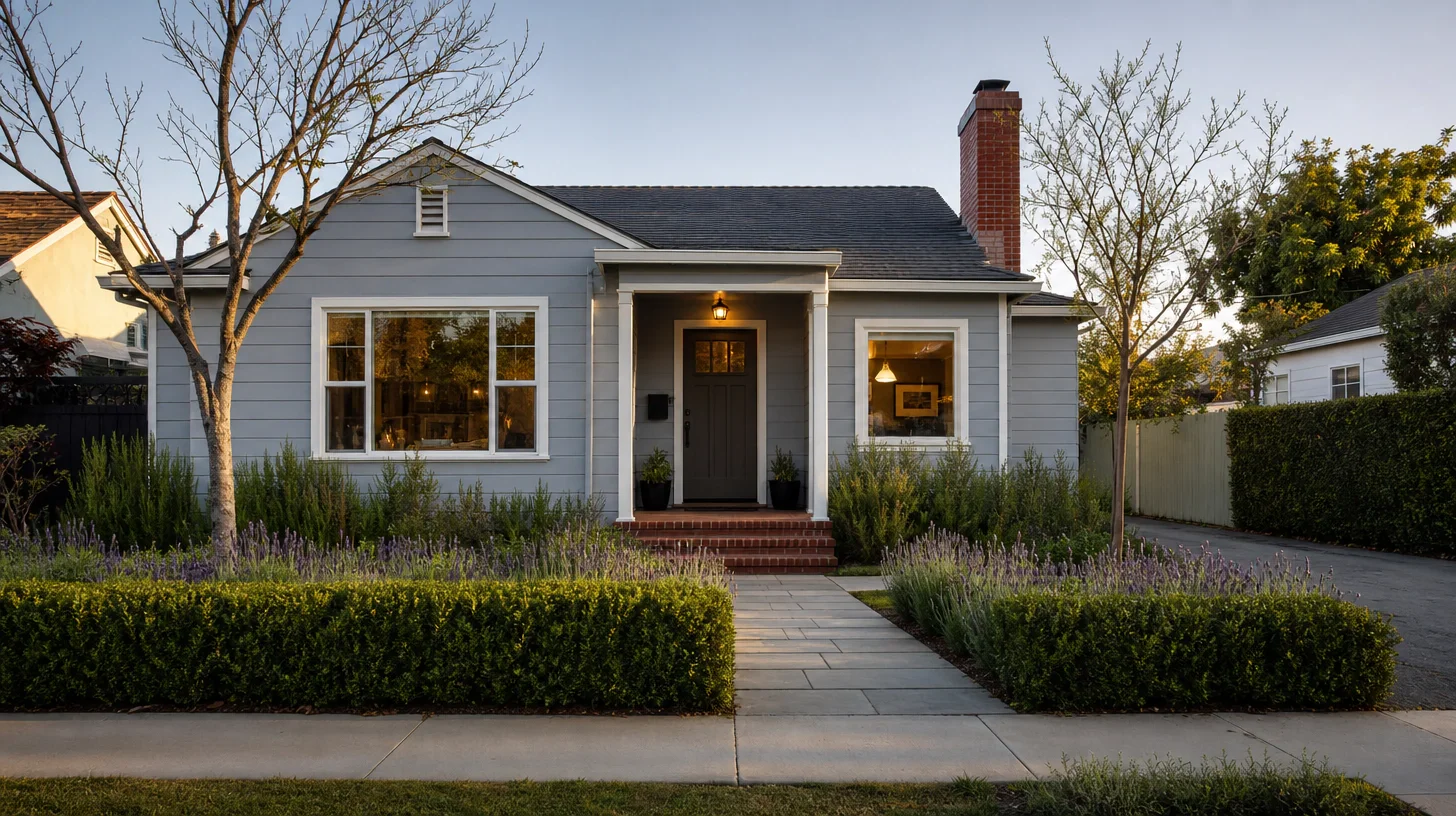 A detached single-family house with one front door under a small porch, painted horizontal siding, a brick chimney and a paved path between clipped hedging and lavender