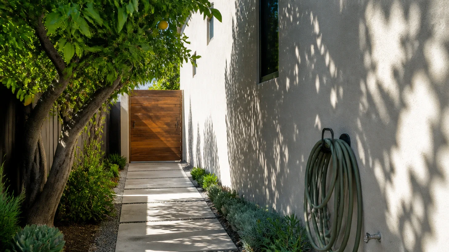 A narrow side-yard path of poured concrete slabs running beside a stucco wall to a closed wooden gate, with a citrus tree in leaf and a coiled garden hose on the wall