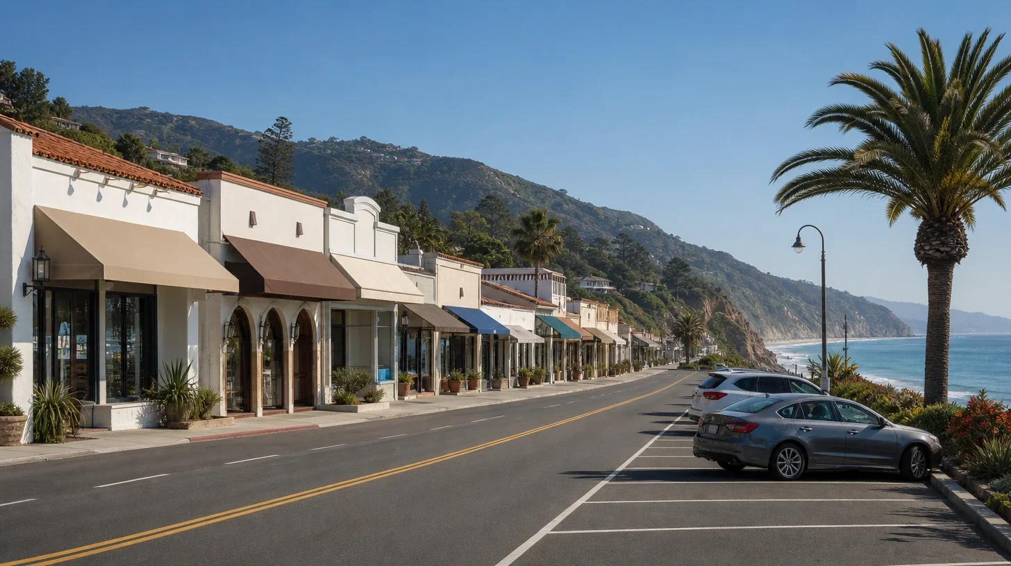 A coastal highway seen from the roadside, with a row of white stucco storefronts under fabric awnings on one side, mountains rising behind them, and a tall palm and the open ocean along the other