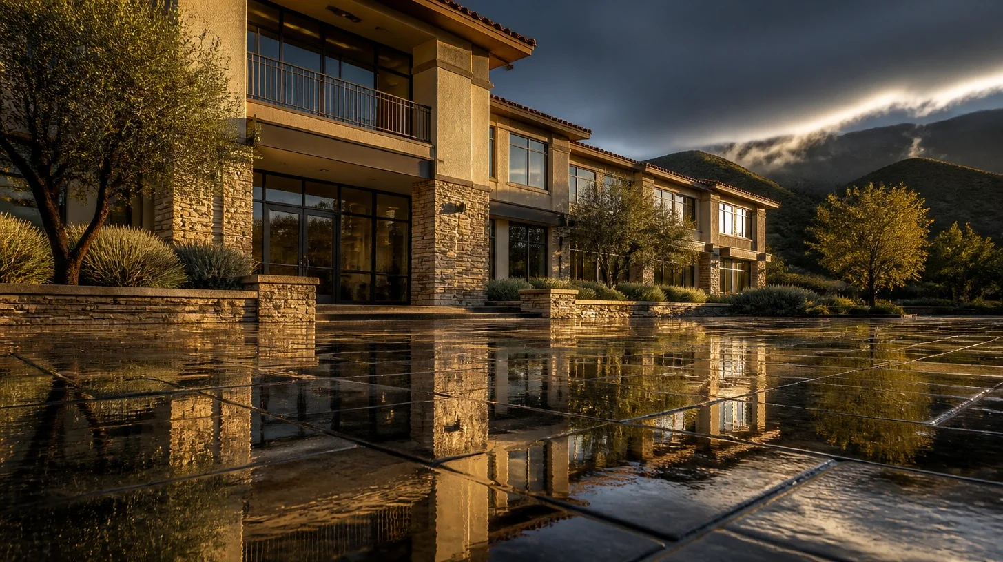 The forecourt of a Calabasas commercial building after rain, the standing water carrying the lit elevation upside down while sun breaks beneath a departing storm and the sky behind stays dark