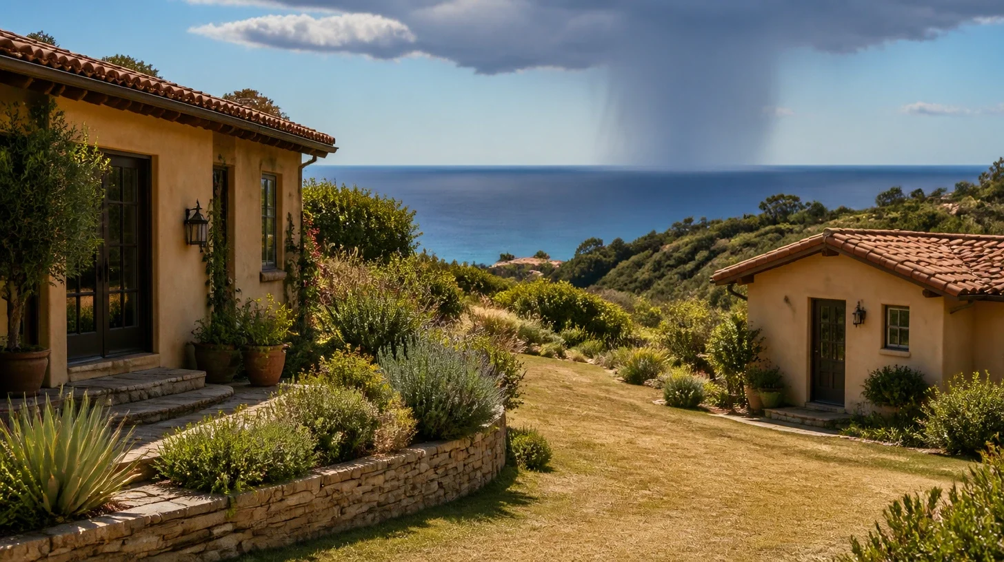 A Malibu residence and a smaller guest structure standing apart on the same ground with the open space between them belonging to both, a discrete rain shower standing far out over the water beyond
