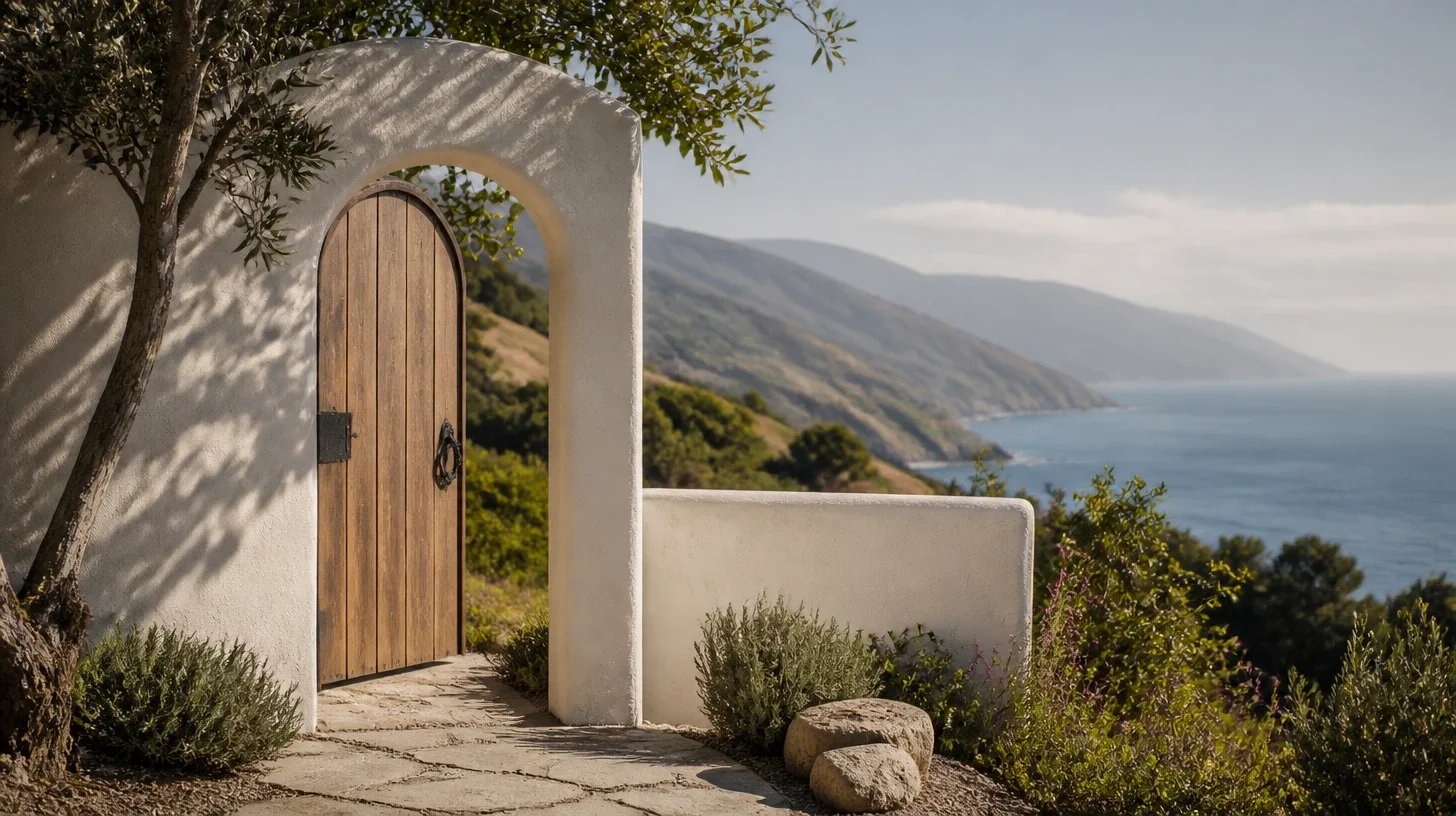 An arched opening in a white stucco garden wall with a plank timber gate standing ajar on an iron ring handle, an olive casting shadow across the render, flagstone paving and rosemary at its foot, and the coastline running back into haze beyond