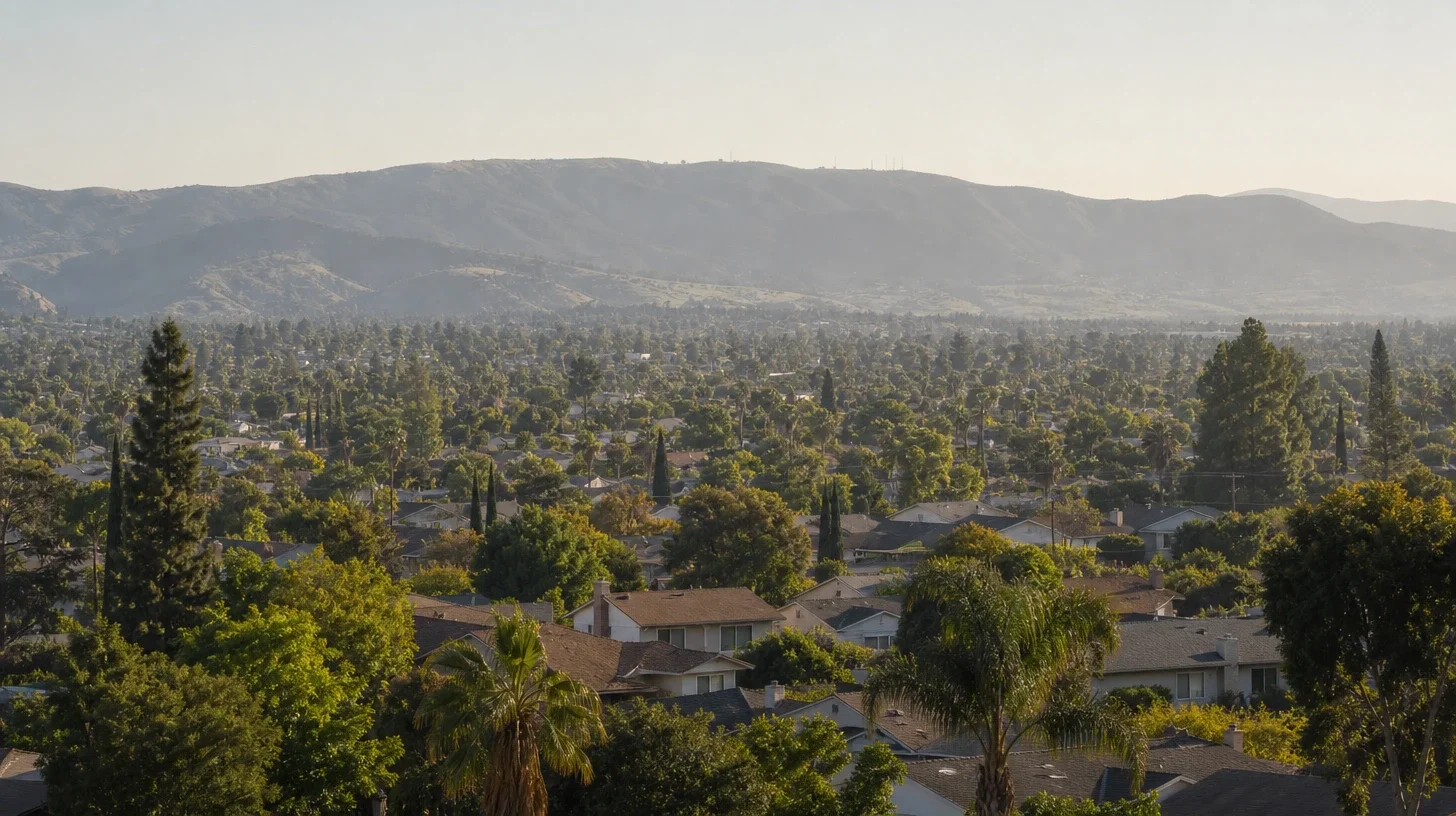 A wide elevated view across Whittier, rooftops and mature tree canopy filling the middle distance, with the long ridge of the Puente Hills across the horizon in haze
