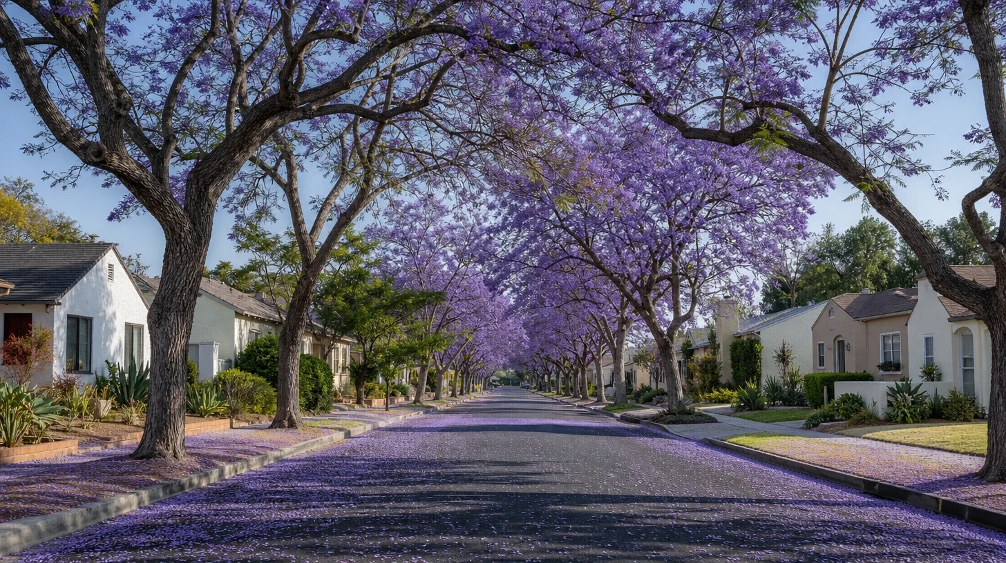 A residential street in full jacaranda bloom, the canopy meeting overhead and fallen purple flowers covering the road and verges, lined with modest single-storey stucco houses in clear morning light