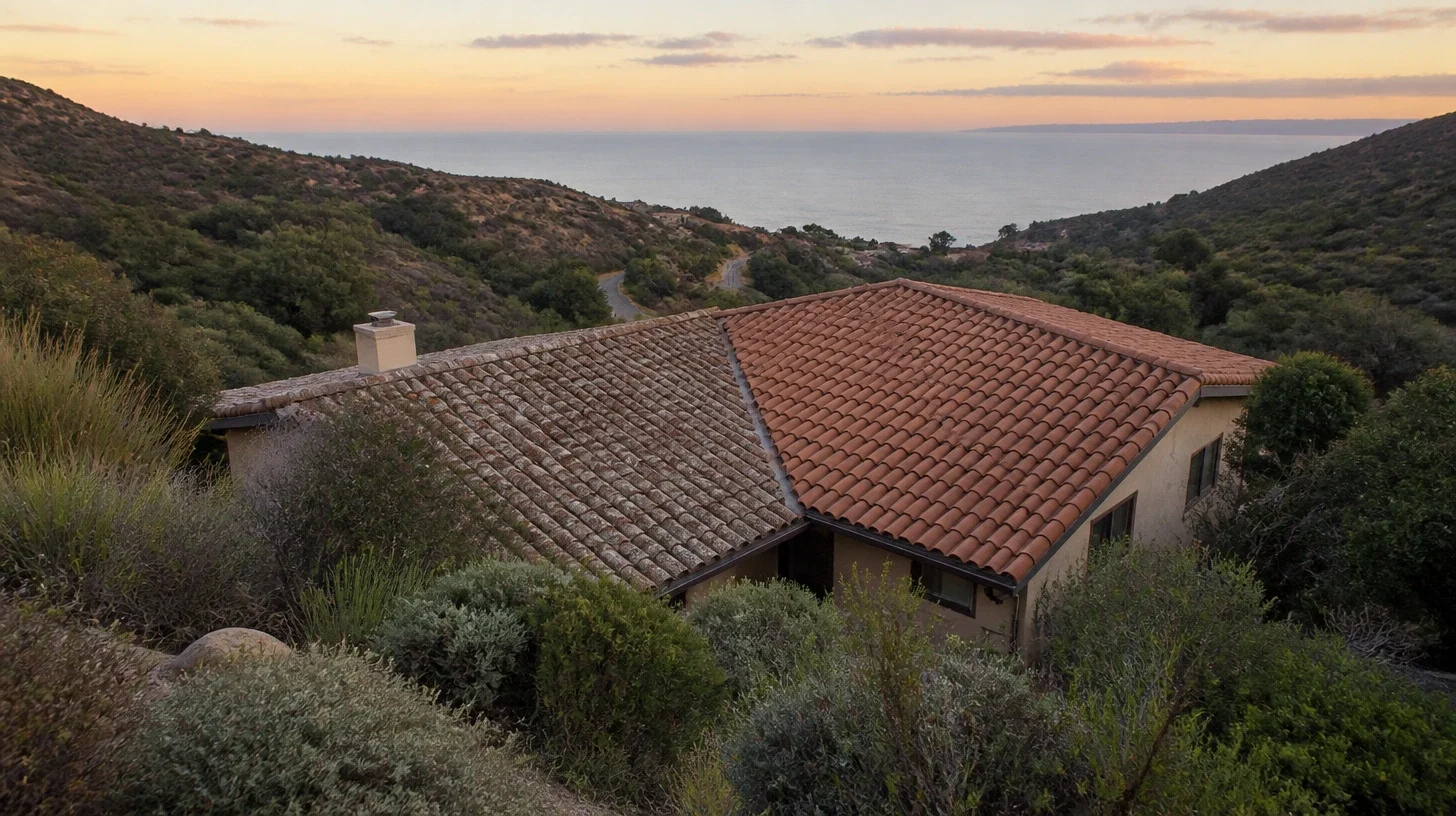 Two roof planes of different ages meeting along a valley on a Malibu house seen from rising ground, the left plane bleached and lichened and the right still holding its colour, with chaparral falling away and the coast beyond