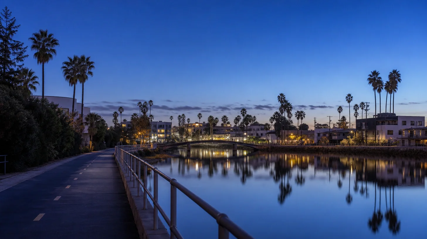 The Ballona Creek path at dusk, with the paved path and rail in the foreground, a low footbridge, and apartment blocks and houses under palms along the far bank