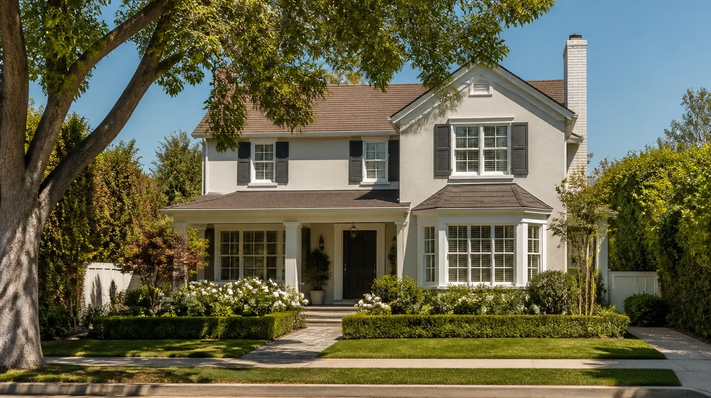 A two-storey Studio City home with a bay window, a covered porch and clipped hedging along the front path