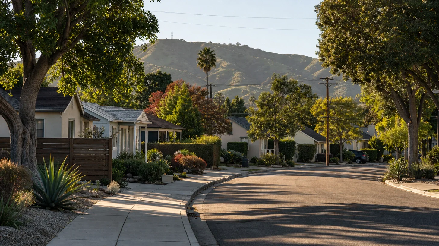 A quiet Culver City residential block of mixed single-family houses with drought-tolerant front gardens, the grassy rise of Baldwin Hills on the horizon