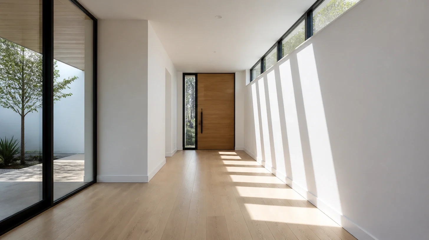 An entry gallery with pale oak flooring and a tall timber front door, a run of clerestory windows casting a rhythm of light bars along the plain wall, and full-height glazing to a courtyard with a young tree