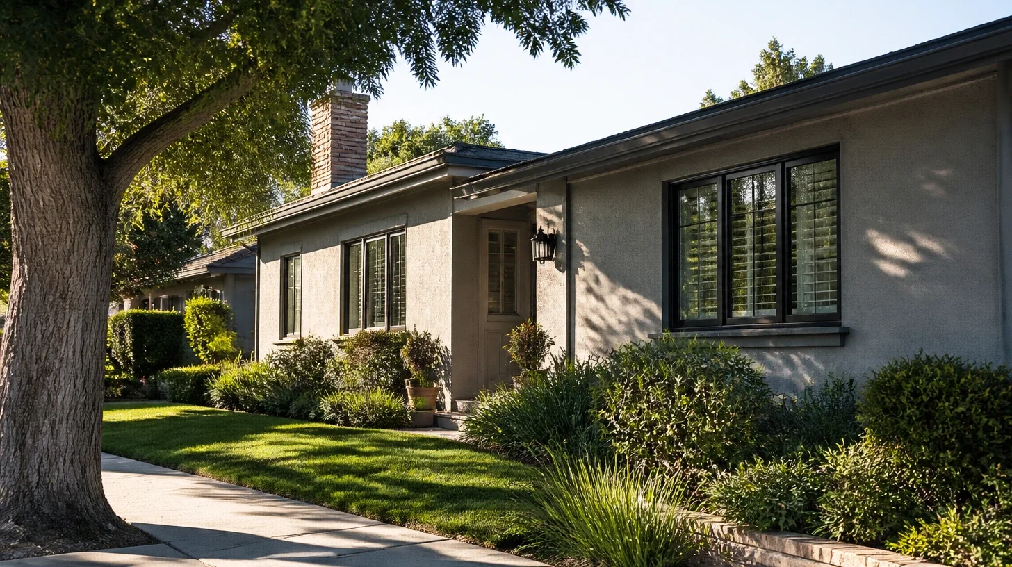 The frontage of a Studio City home at a steep oblique from the far corner of the parcel, a mature street tree framing one edge and the depth of the lot running away behind