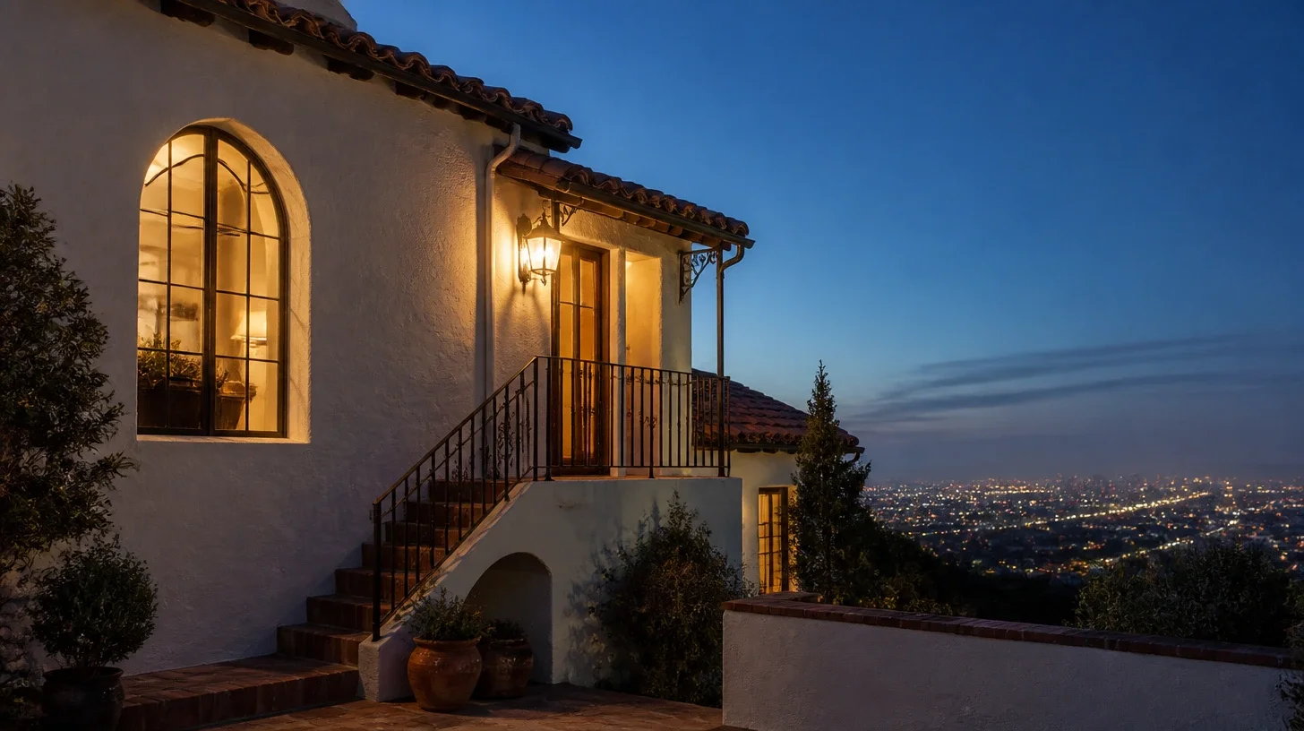 A white stucco Spanish house on a hillside at dusk, with a clay tile roof, a tall arched window lit from within, a wrought-iron stair rail and terracotta pots, above a valley of city lights under a deep blue sky