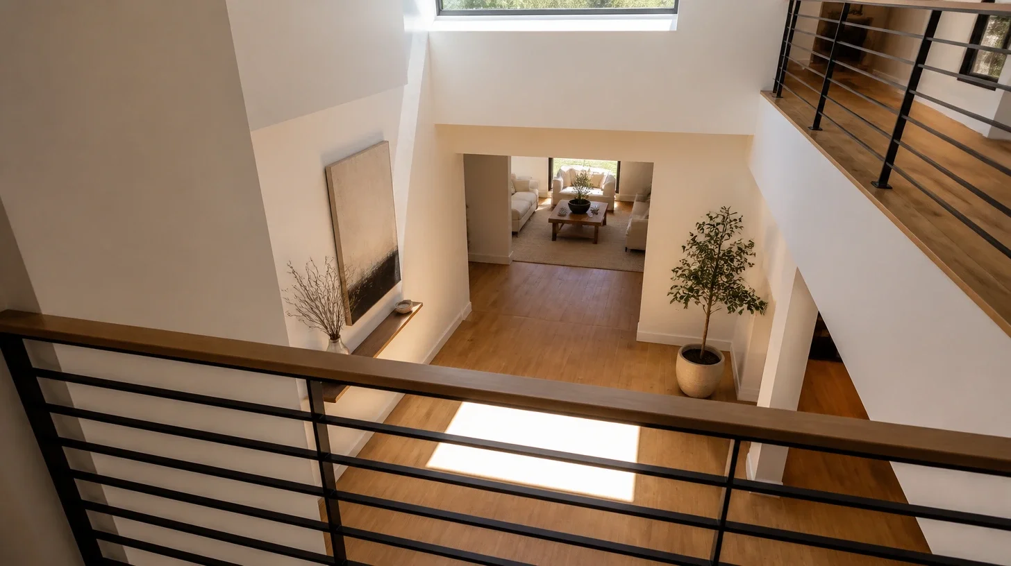 An upper landing in a Calabasas home looking down across an open void, high daylight falling on the floor below