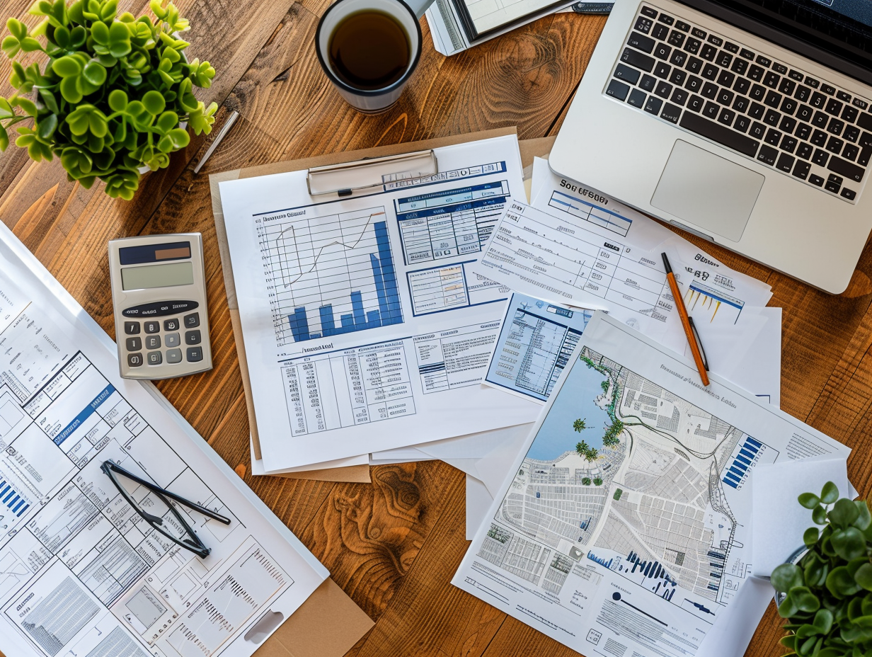 Commercial appraisal workspace for Pasadena — rent rolls, cap rate analysis, zoning maps, and valuation documents on a modern desk