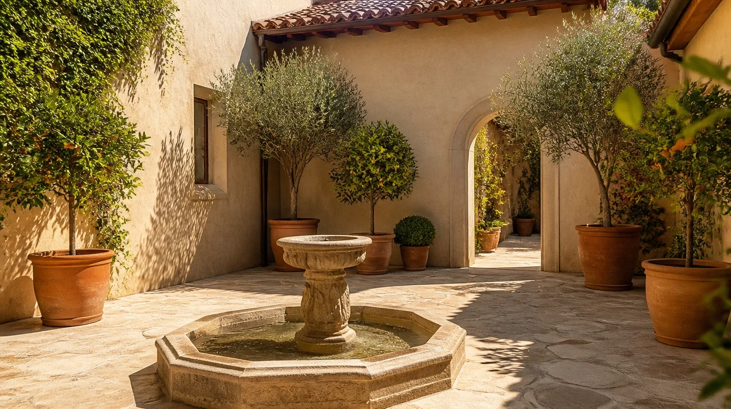 A quiet enclosed entry courtyard in warm stucco on a Calabasas property, a low carved stone fountain at its centre and terracotta pots of clipped citrus and olive on the paving