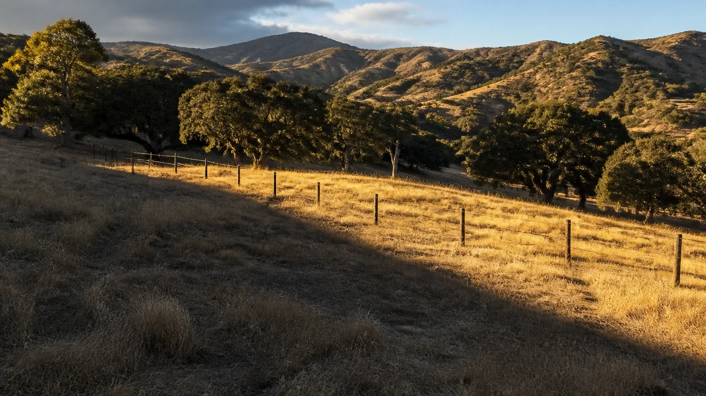 A cloud shadow sliding off a Malibu slope, a line of fence posts stepping out of the dark and into the light along their run