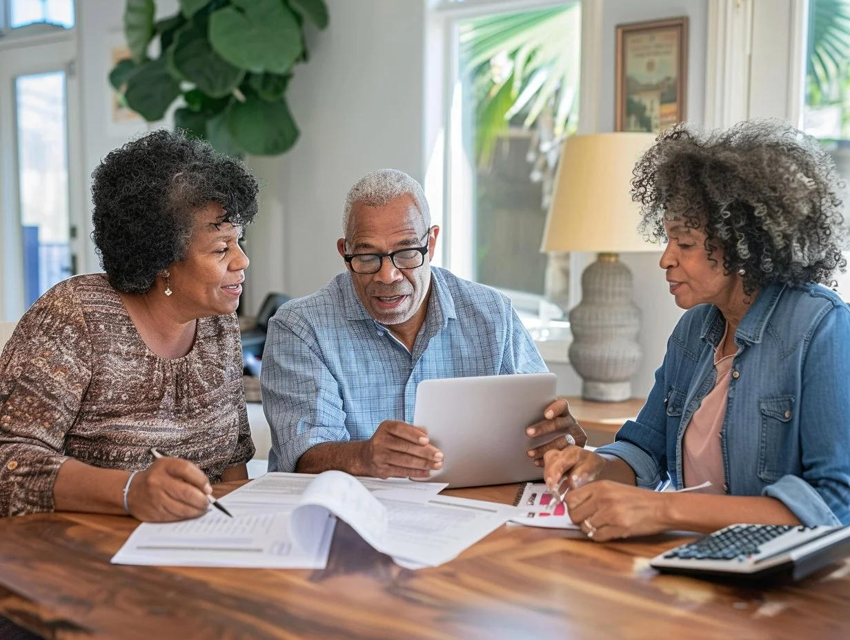 Executor and family reviewing San Bernardino inheritance appraisal documents for Date-of-Death and step-up basis at a home office desk
