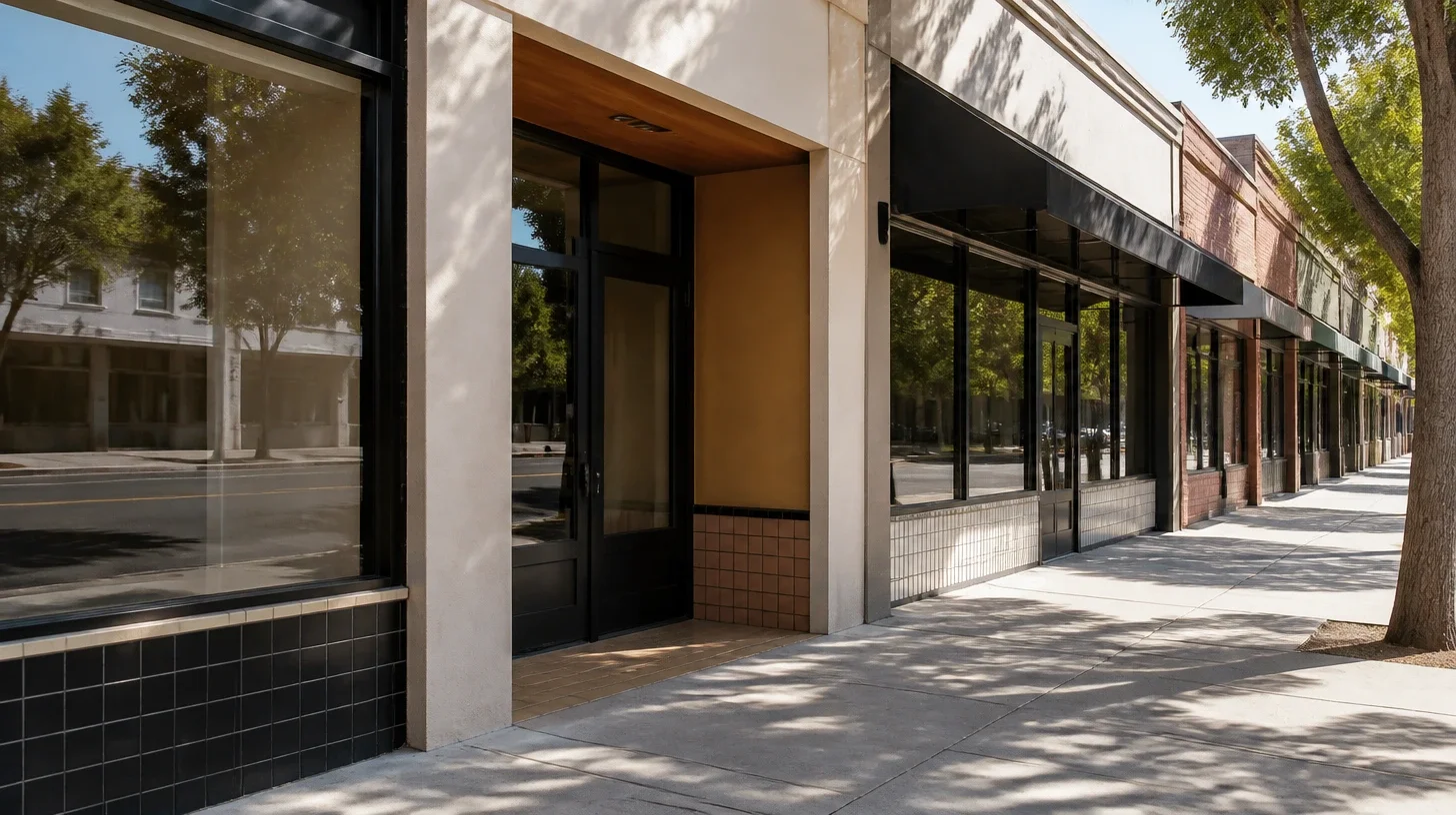 A recessed shopfront entrance set within a continuous Studio City street wall, the door closed and unlit, seen obliquely from the footway