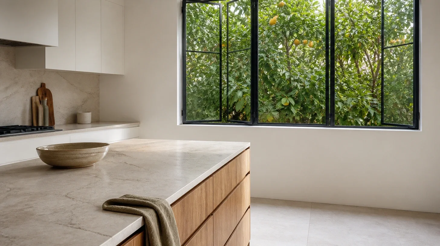 A pale kitchen with a stone-topped island, oak drawer fronts and a linen cloth over the edge, a bowl on the counter and steel-framed casement windows filled by the leaves and fruit of a citrus tree