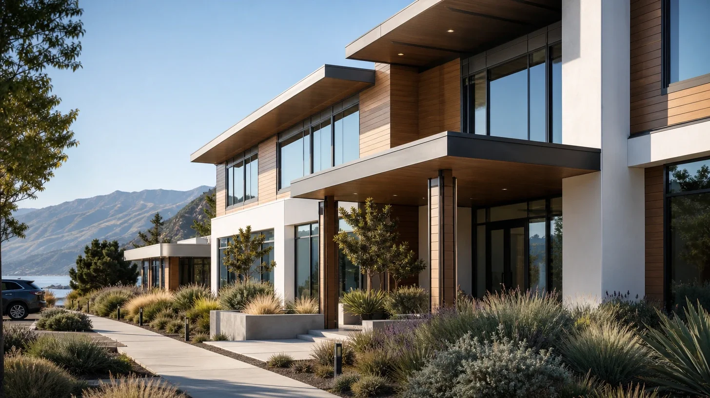 A contemporary two storey commercial building in horizontal wood cladding, white stucco and dark framed glazing with deep cantilevered soffits, approached by a concrete path through drought planting, with mountains and a sliver of ocean beyond