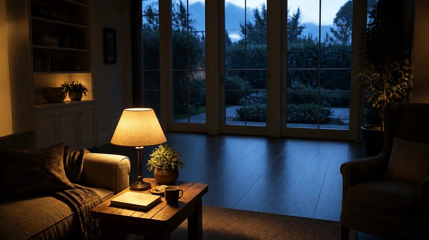 A quiet sitting area in a Calabasas home at dusk, a lamp lit beside a book and a cup while the garden beyond the glazing has gone blue