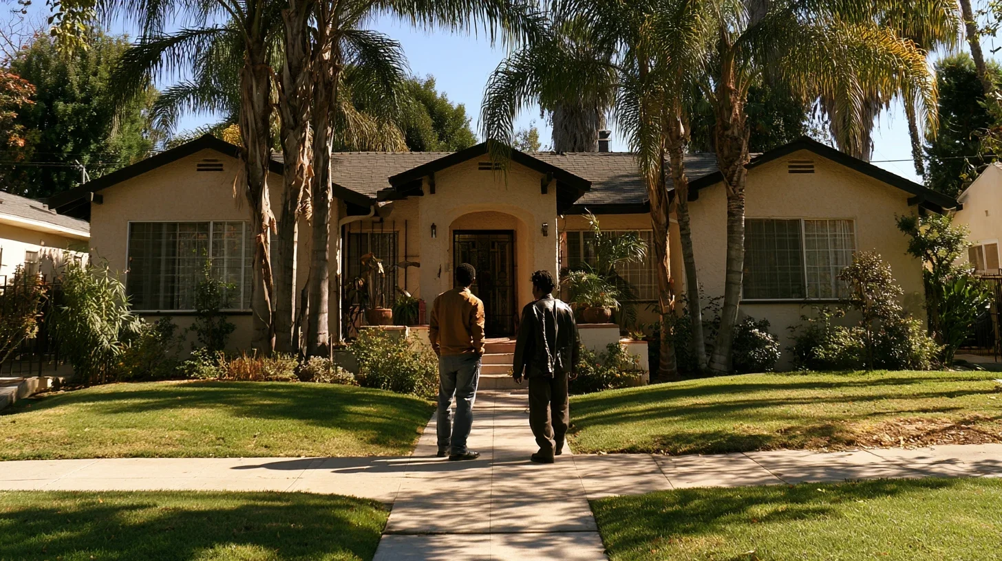 Two adults standing apart on the walkway of a North Hollywood home in neutral daylight, viewed from behind, representing both parties needing an impartial valuation.