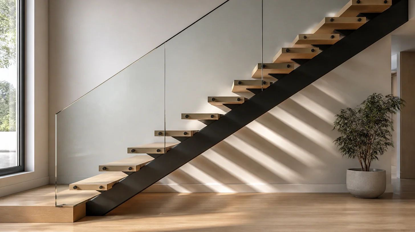 An open-riser stair with pale timber treads on a dark steel stringer and a frameless glass balustrade, casting tread shadows on a plain wall