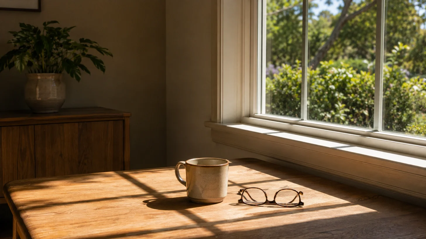 Morning sunlight falling across a plain timber table beside a window in an Encino home, with a ceramic cup and reading glasses left on the surface.