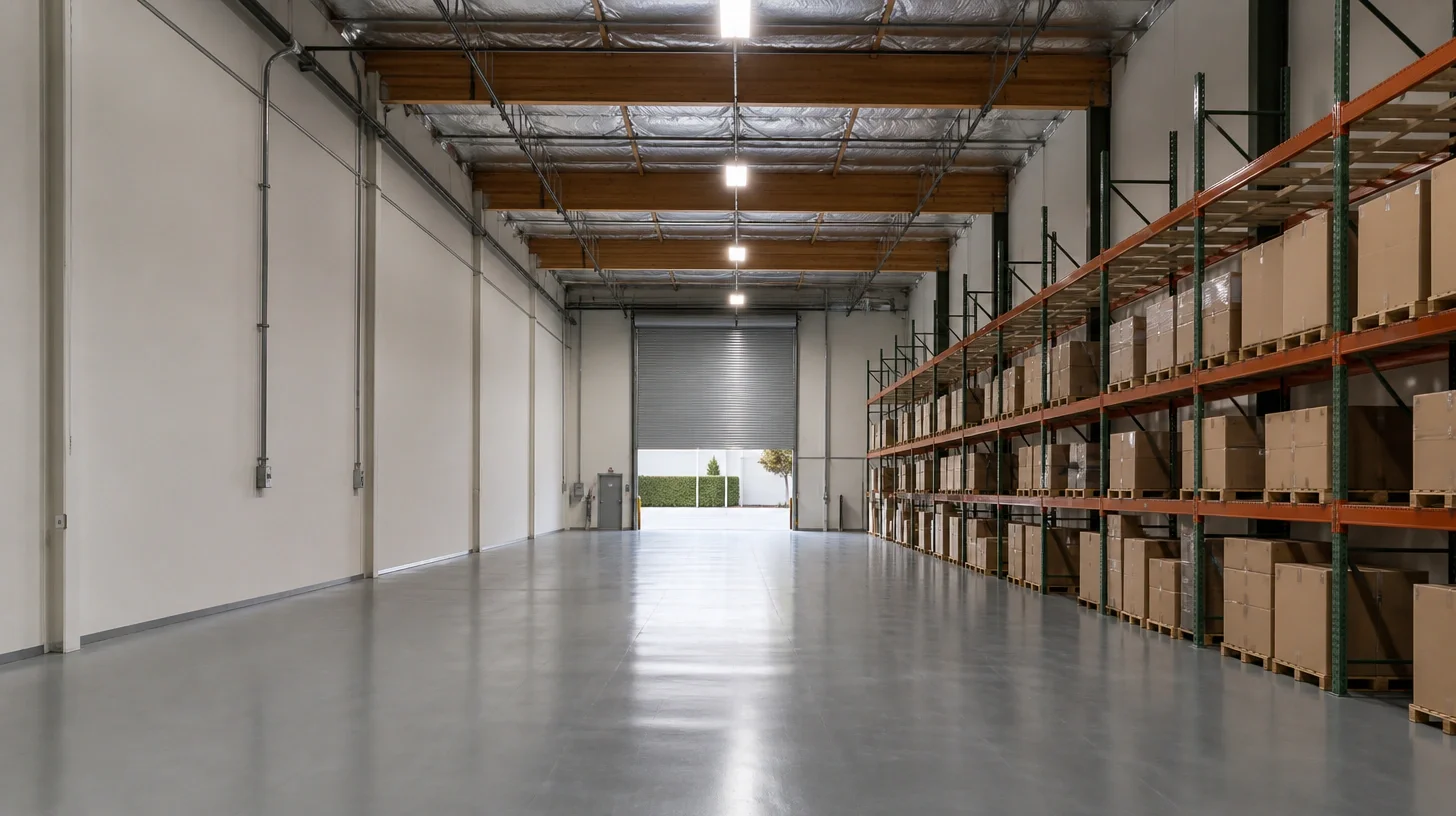 The interior of a warehouse bay with a sealed floor running to an open roll-up door, exposed roof beams and high-bay lighting, and a run of pallet racking carrying boxed goods