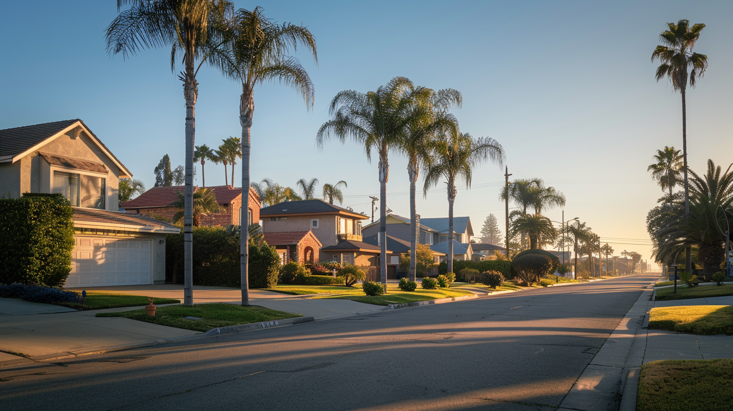Well-kept residential neighborhood in Long Beach, California at golden hour with palm trees and manicured lawns, used as header background for residential appraisals page.