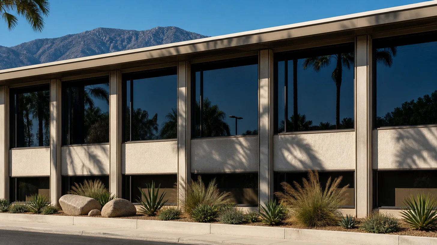 A low-rise office building on a regular grid of piers, its dark glazing reflecting palm trees and open sky, with palm-frond shadows raked across the pale spandrel panels, boulders and ornamental grasses at the kerb, and a mountain ridge behind