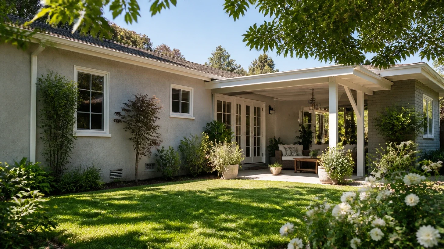 The rear elevation of a Studio City home seen obliquely across its garden, where a covered patio meets the original back wall of the house