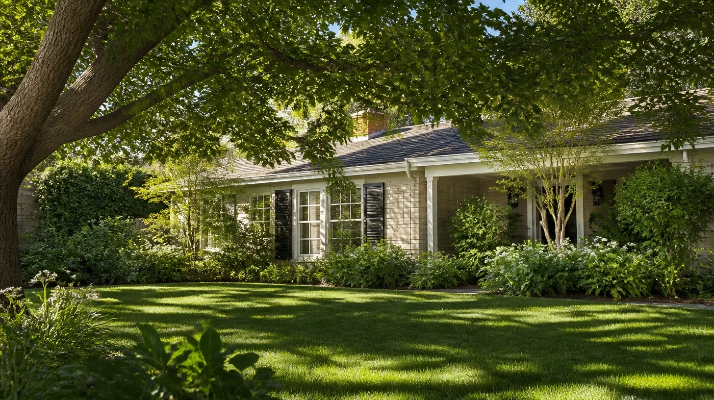 Dappled light across the front lawn and lower facade of a Studio City home, seen from beneath the tree canopy at an easy angle