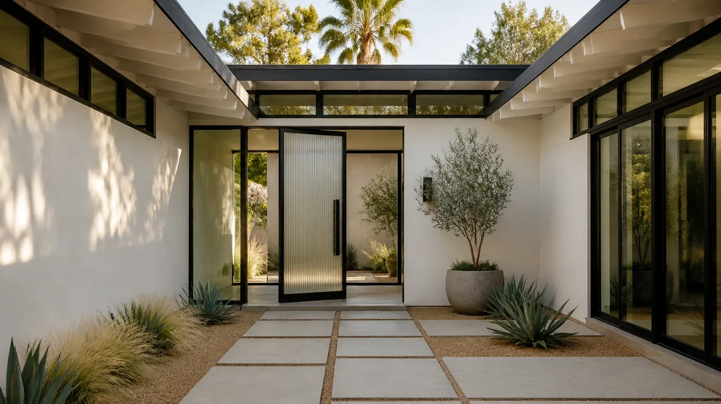 An open courtyard between two wings of a single-storey house, a tall reeded-glass pivot door at its centre, clerestory glazing above, an olive tree in a concrete planter and a grid of pale pavers set into gravel