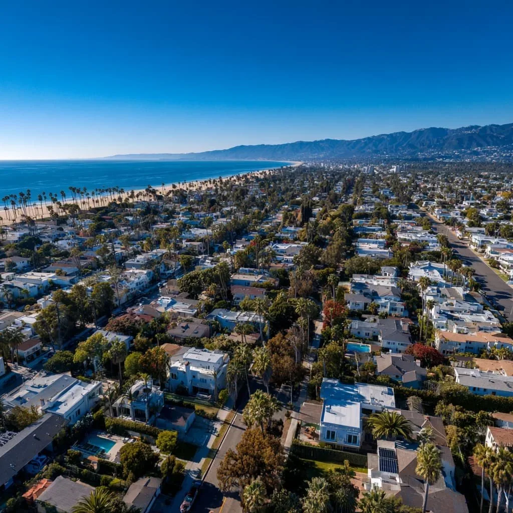 Aerial view of varied Santa Monica residential blocks between the coast and mountains