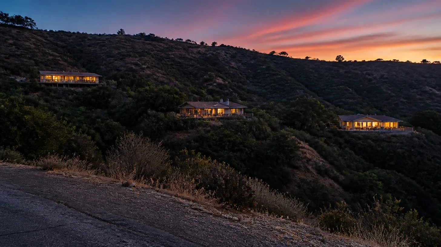 Three Malibu houses on a canyon slope at dusk, each set in its own ground and lit warmly from within, separated by dark chaparral with the ridge and a colouring sky behind