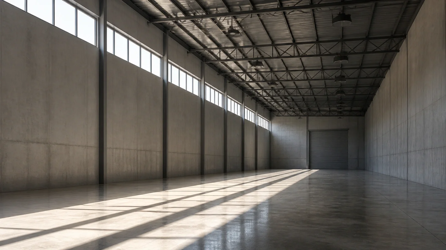 An empty commercial warehouse interior with tilt-up concrete walls and an exposed steel truss roof, a long run of high clerestory windows laying parallel bars of daylight across a polished concrete floor, and a closed roll-up door at the far end