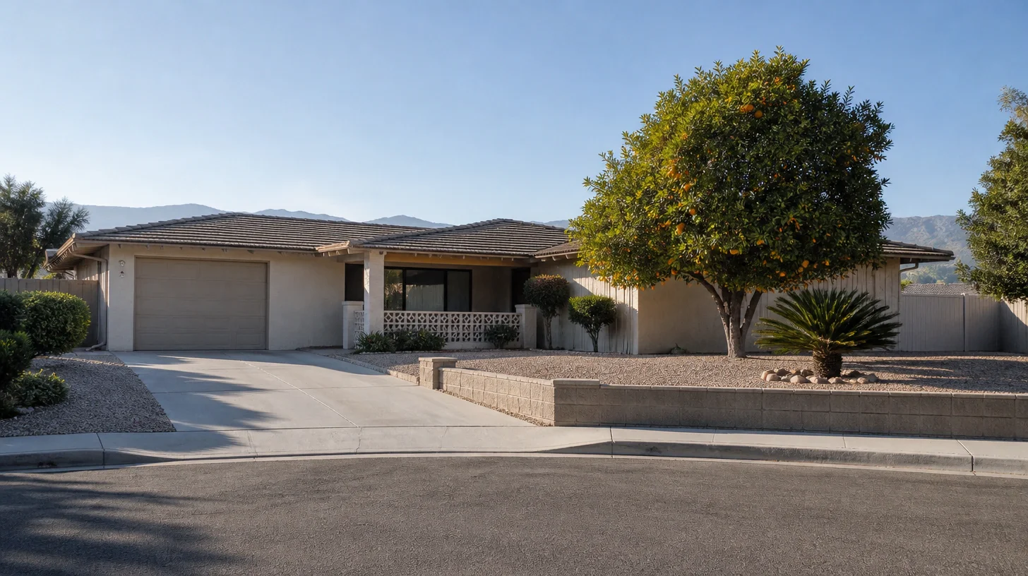 A single-story nineteen-seventies ranch house seen across a cul-de-sac, with a low tile roof, an attached garage, a decorative block porch screen, a gravel front yard and a mountain ridge along the horizon behind it