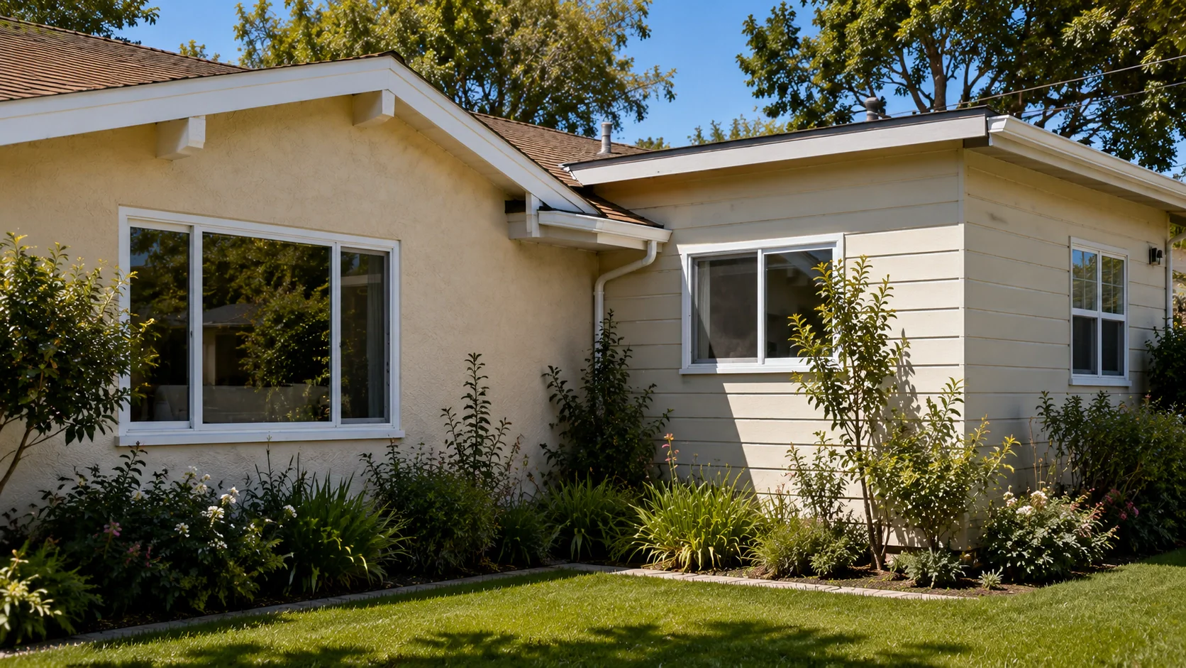 The junction where an original stucco house meets a later addition clad in horizontal siding, showing the change in roof height and eave line.