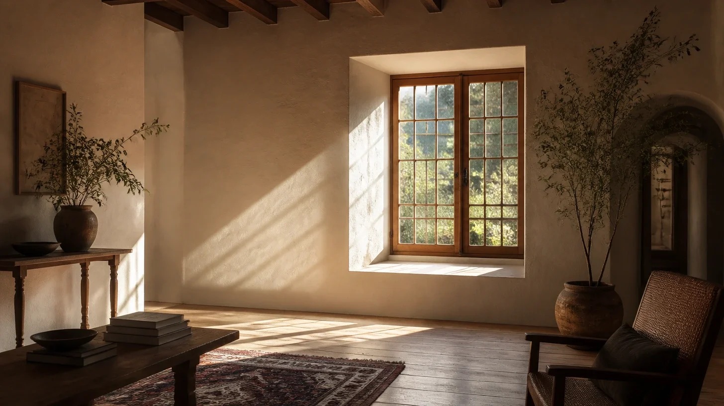 A quiet room in a Calabasas home with light entering a deep-set window and laying its grid across hand-finished plaster, a console with books beneath