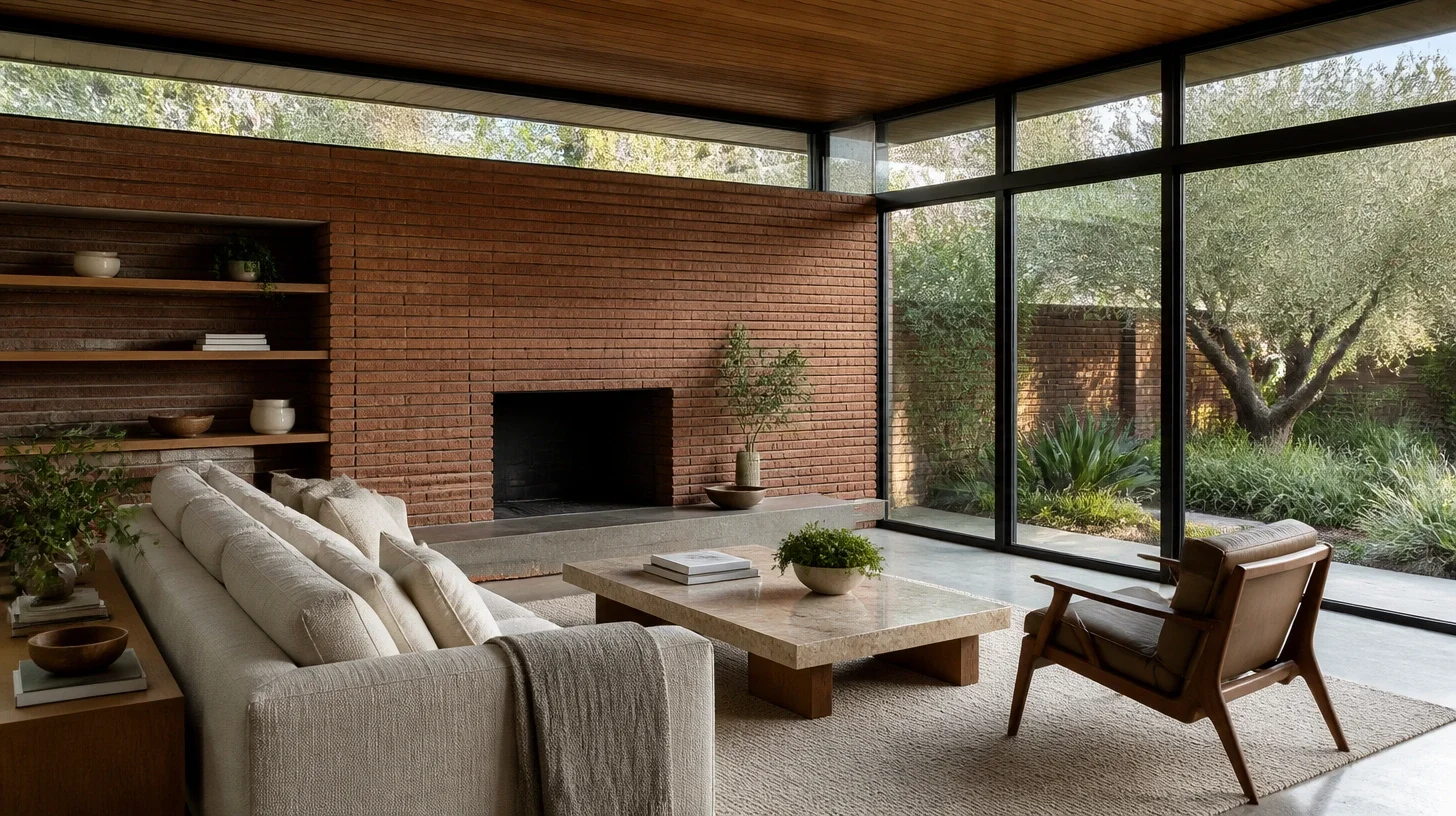 A living room with a full-height brick fireplace wall and a timber-boarded ceiling, clerestory glazing above, a linen sofa and a leather chair around a stone coffee table, and a window wall opening to a planted garden