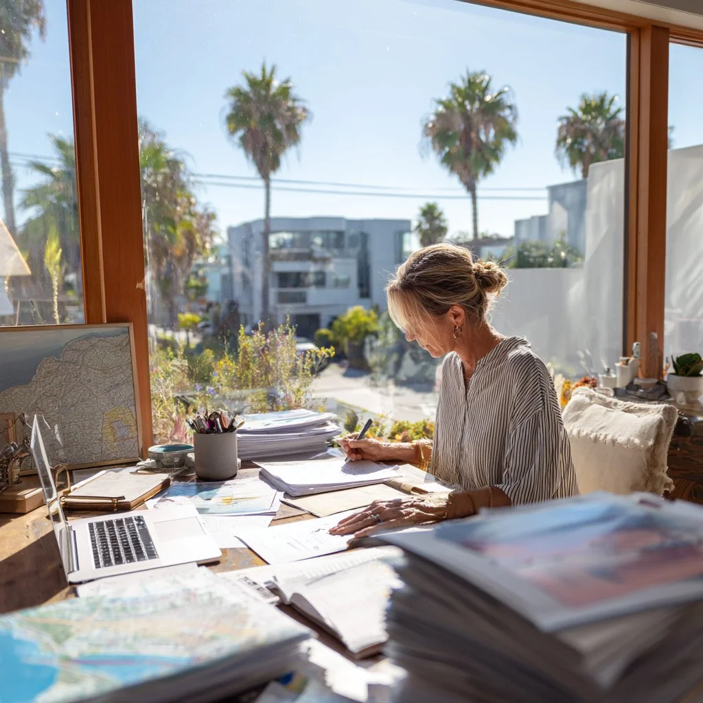 Professional appraiser reviewing Venice Beach residential property documents at a modern desk, detailed valuation notes and neighborhood map visible, sunlit coastal home in the background